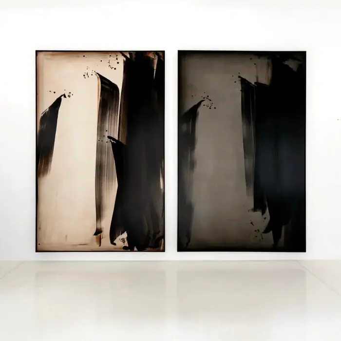 Two works hung on a white wall at ART+ Gallery